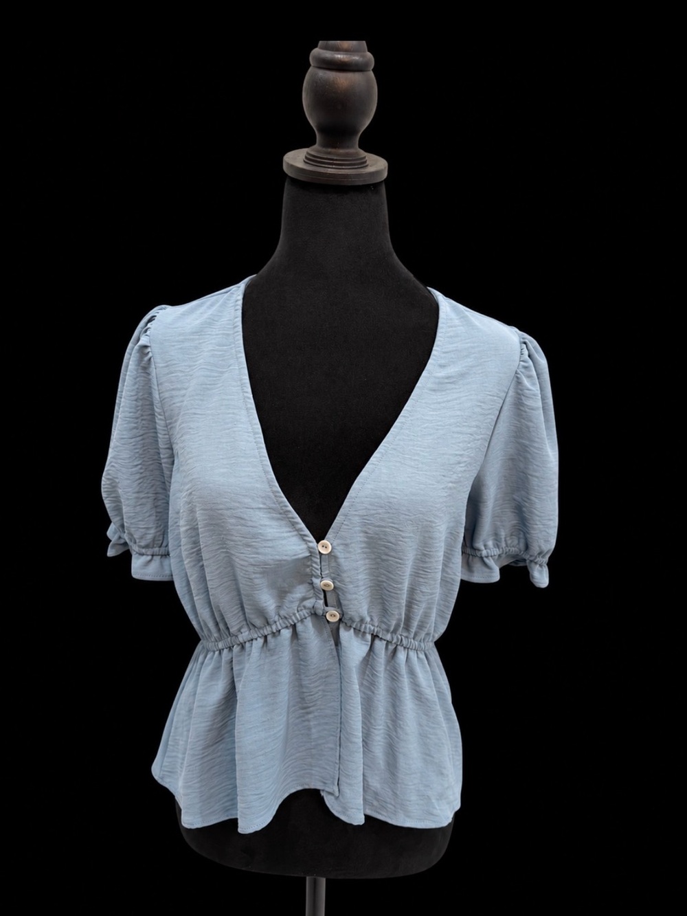 💙 Melrose and Market Dusty Blue Puff Sleeve Peplum Top — Size Small
